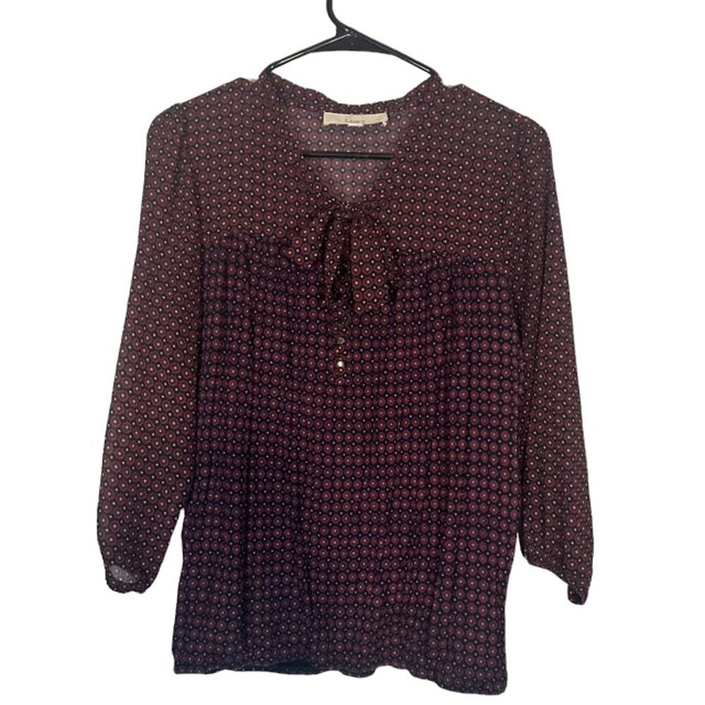 Ann Taylor LOFT Black & Brown Paisley V-Neck Long Sleeve Blouse Women Sz M
